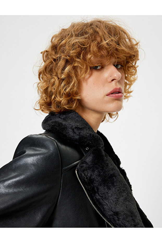 Biker Jacket with Leather Look, Faux Fur Inside, Zipper Belt Detail, and Pockets