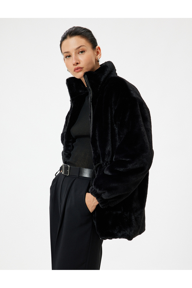 Stand Collar Zippered Plush Coat with Pockets and Elastic Waist Detail