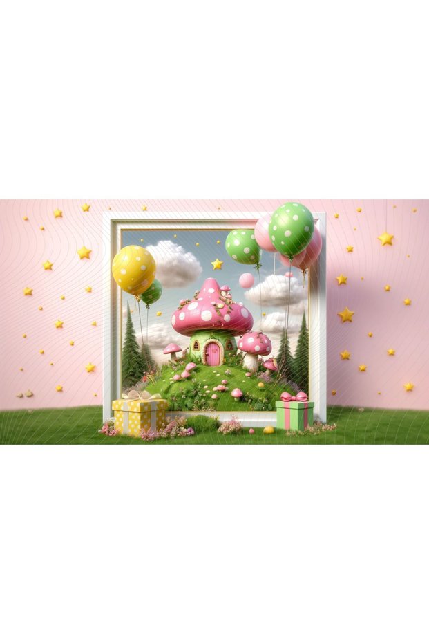 Colorful 200X150Cm Photography Backdrop with Mushroom House Theme for Children's Parties