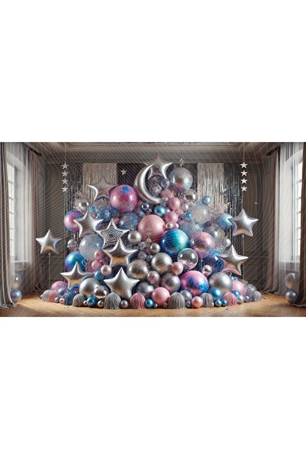 Silver, Pink and Blue Balloon Star and Moon Themed 200x150cm Photography Backdrop