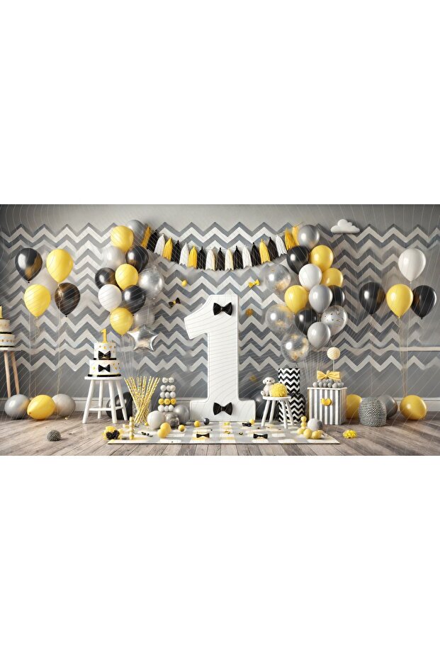 Birthday Party Backdrop with Yellow and Black Balloons, Cake and Decorations, 200x150cm Studio Background
