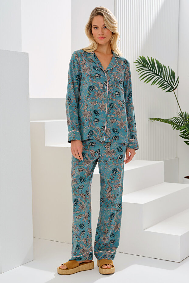 Uzun Kollu Desenli Pijama Takımı - 1