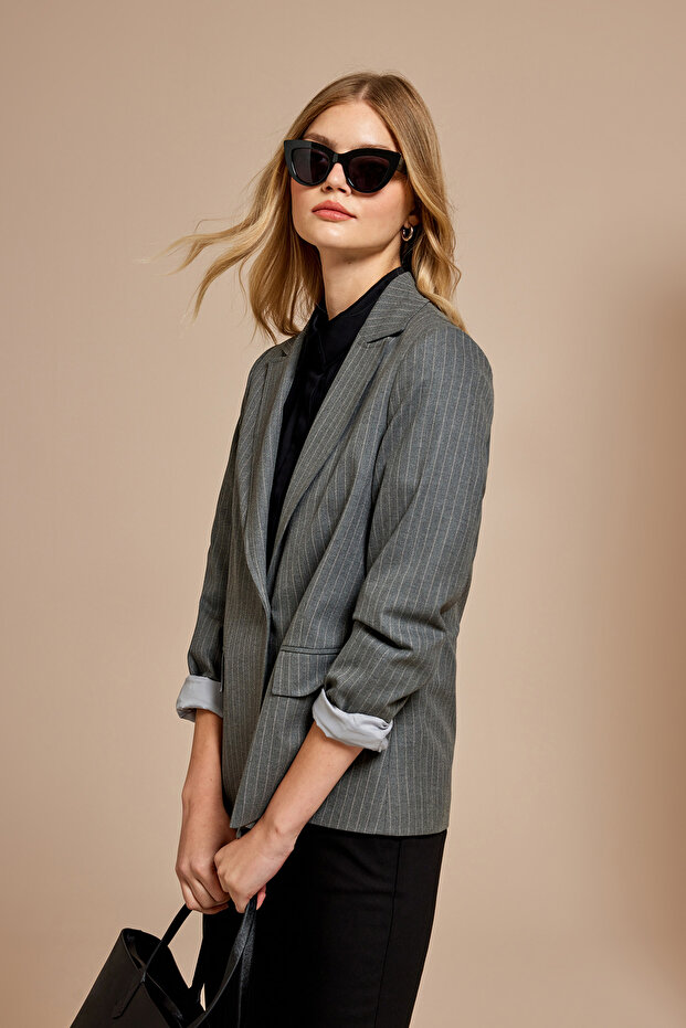 Çizgili Blazer Ceket - 1