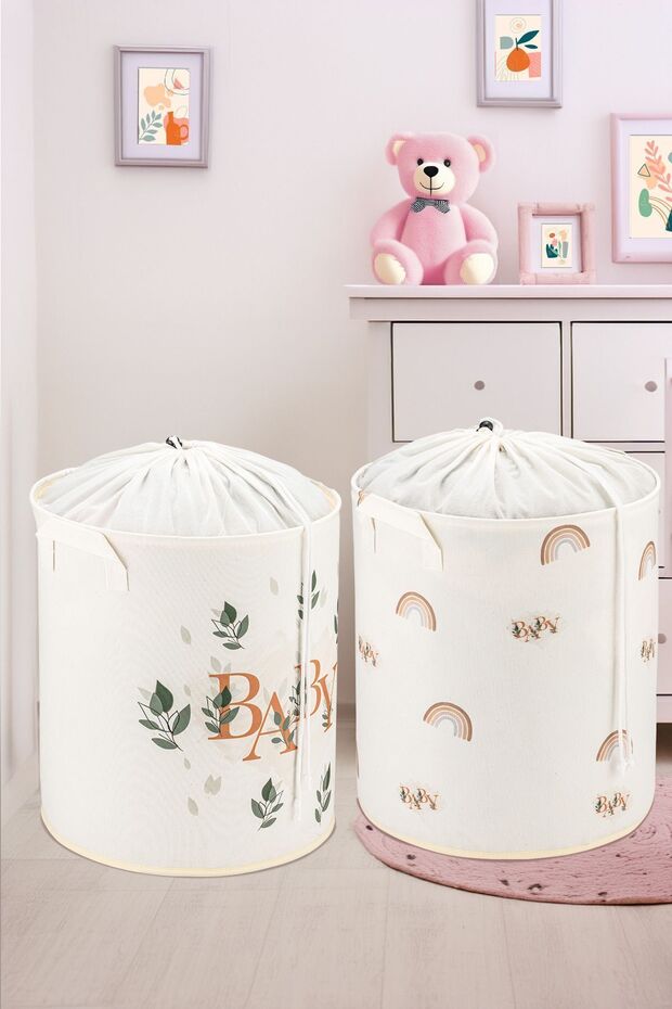 PH Prendi Home Baby Ve Gökkuşağı Tasarımlı 2'Li Çocuk Odası Saklama Kutusu Düzenleyici Oyuncak Kirli Sepeti 32x40