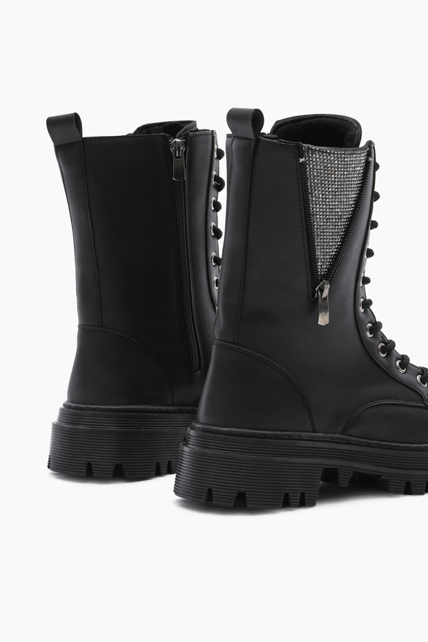 Női fekete bőrű Thermo Sole Side Stone részletes fűzős és cipzáras csizma - 5