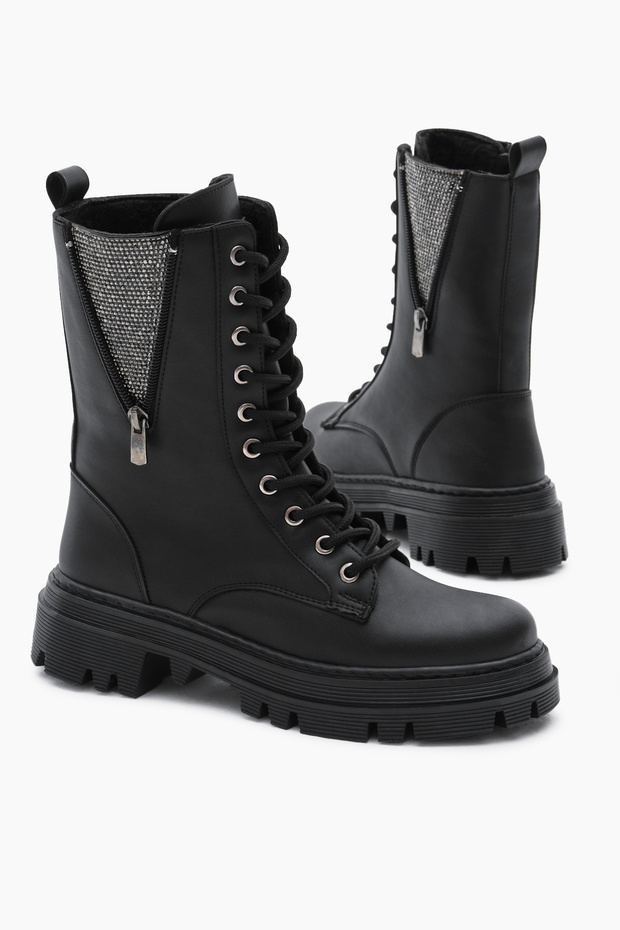 Női fekete bőrű Thermo Sole Side Stone részletes fűzős és cipzáras csizma - 1