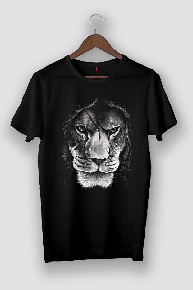 - تي شيرت أسود للجنسين بتصميم Vip مع صورة أسد رسم حاد