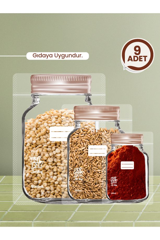 Bakır Metal Kapaklı Kavanoz Görünümlü Saklama Poşeti 9 Adet (3 Büyük, 3 Orta, 3 Küçük) - 1