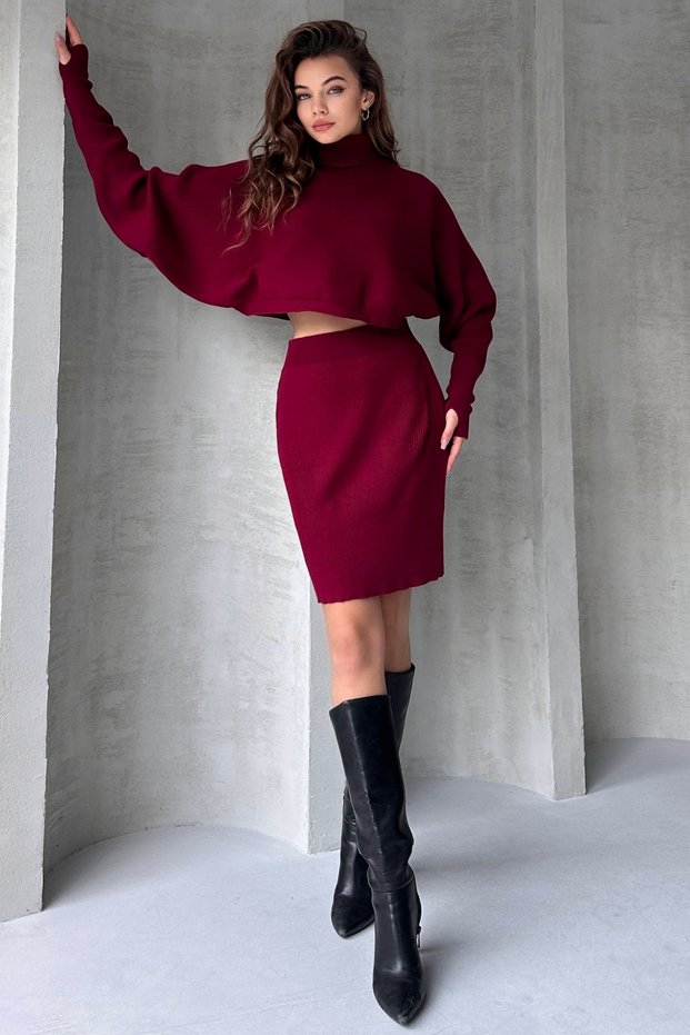 Women's Turtleneck Batwing Long Sleeve Crop Sweater and Mini Skirt Knitwear Set Burgundy