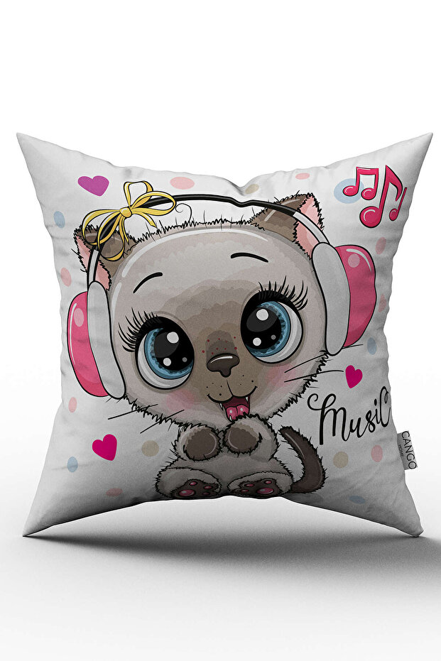 Digital Printed Children's Throw Pillow Cover with White Pink Headphones and Cat - Chcck04