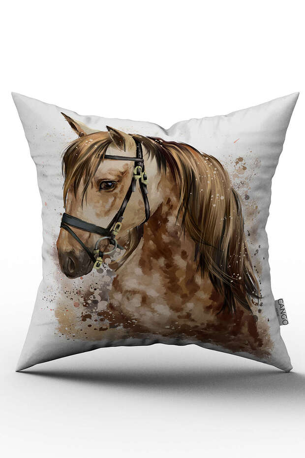 Double Sided White Brown Horse Figured Digital Printed Throw Pillow Cover - Otyk719-Ct