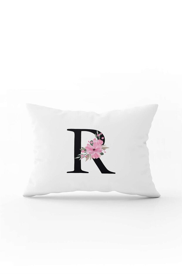 Pink Floral Black Letter Double Sided Digital Printed Throw Pillow Cover Letter R