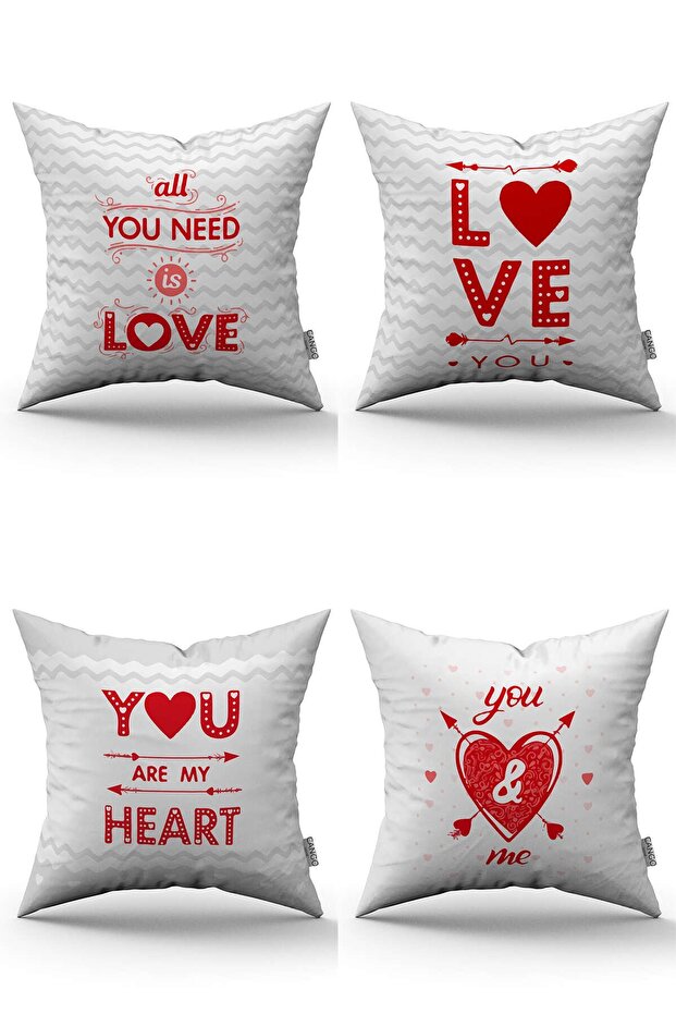 Red Gray Modern Valentine's Day Themed Digital Printed Throw Pillow Cover Set 4kmbs186