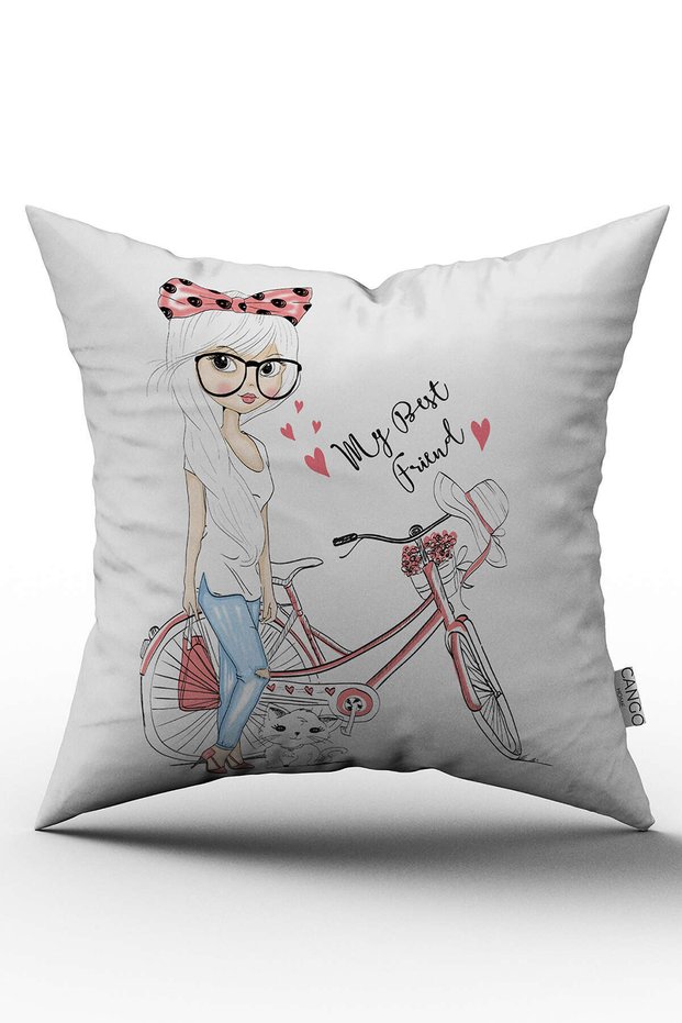 White Pink Bicycle Girl Child Digital Printed Children's Throw Pillow Cover - Otyk520