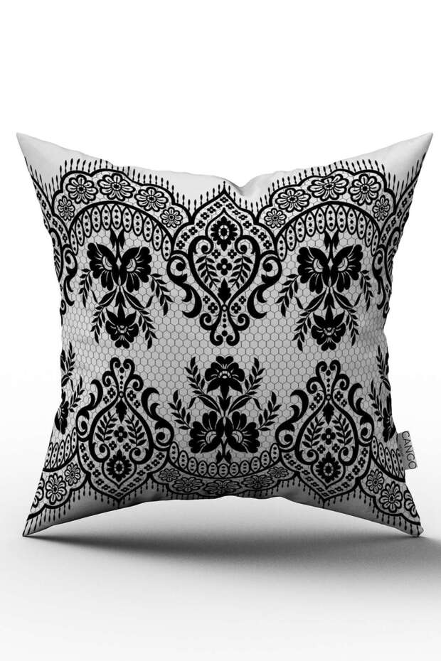Біло-чорна цифрова друкована наволочка з мереживним візерунком - Otyk327 - 1