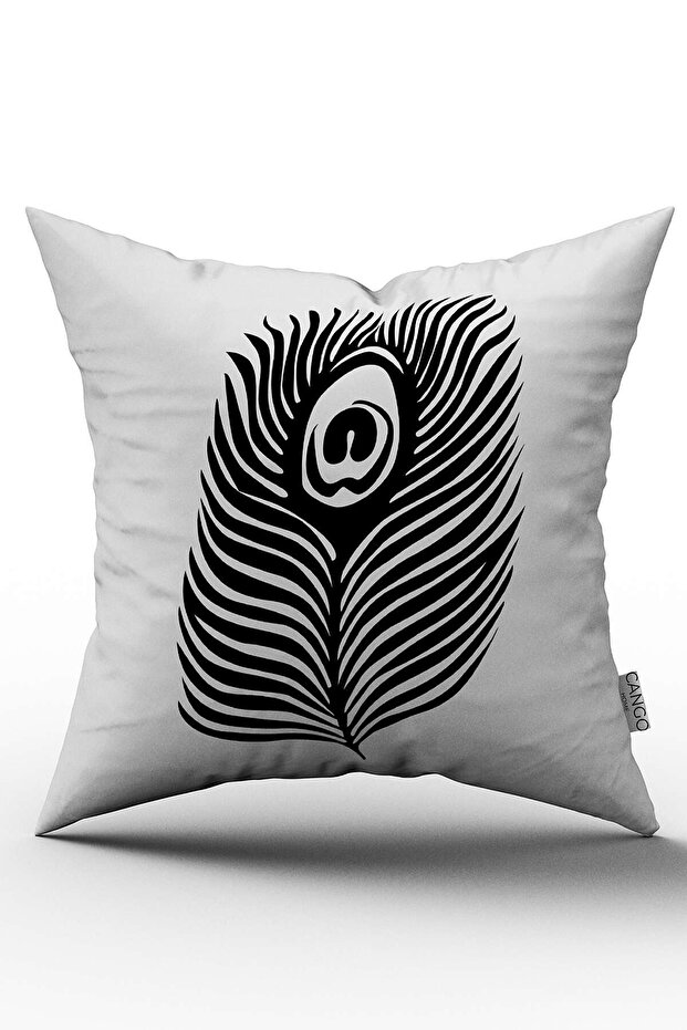 Black and White Bohemian Feather Patterned Digital Printed Throw Pillow Cover - Otyk579 - 1