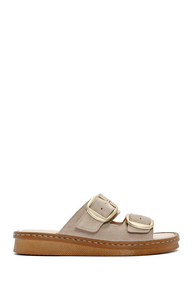 Beige Suede Leather Women's Slippers - Buckle, 24sfd341610