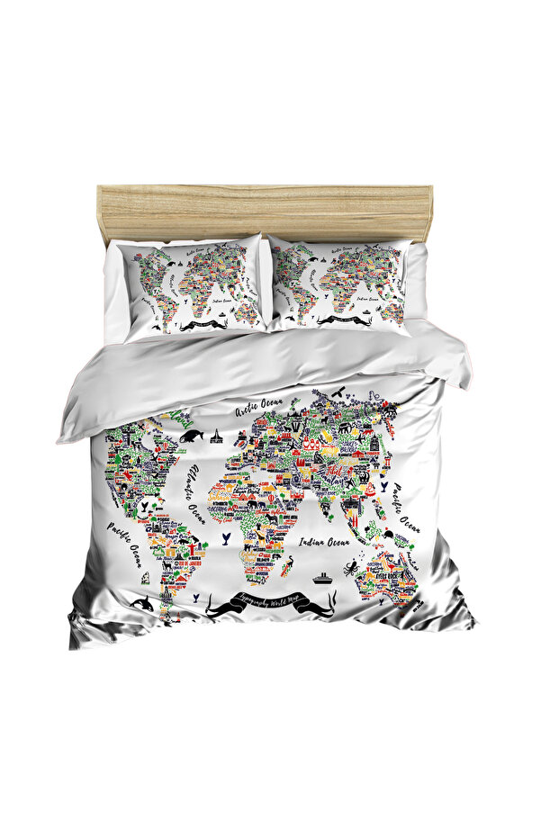 3D Digital Double Duvet Cover Pillow Set with World Map Detail