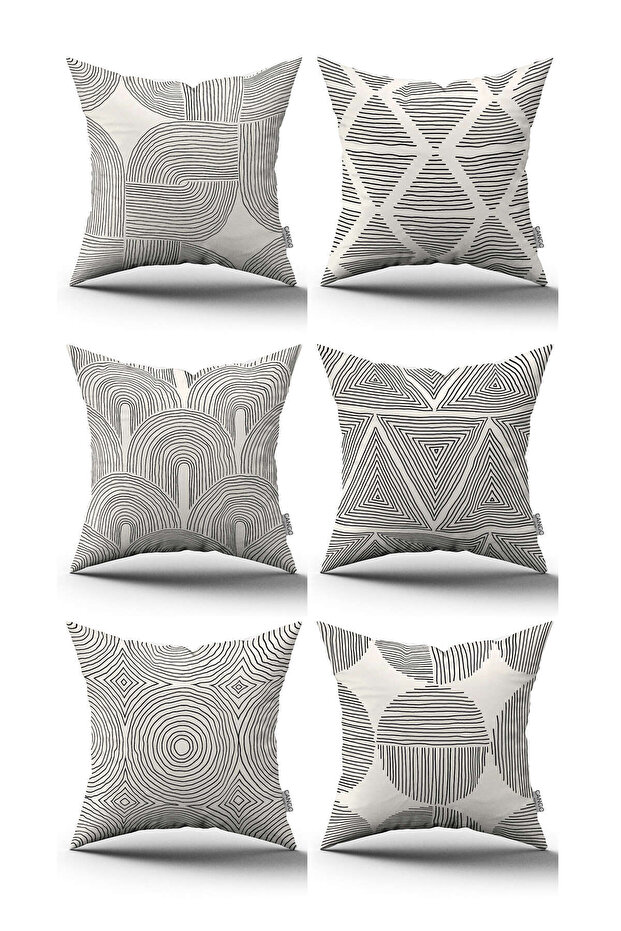 Cream Black Bohemian Scandinavian Patterned 6-Piece Digital Printed Throw Pillow Cover Set - 6kmbs293