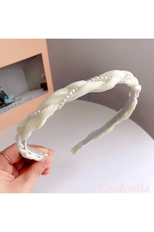 Sarmaşık İnci Design Soft Women's Crown Cream - Lightweight Flexible Crown Headband with Pearls