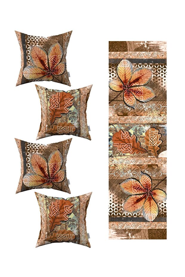 غطاء وسادة رمي بنمط أوراق الشجر باللون البني والبرتقالي مكون من 4 قطع ومجموعة عداء واحدة 4kmbs253-rs