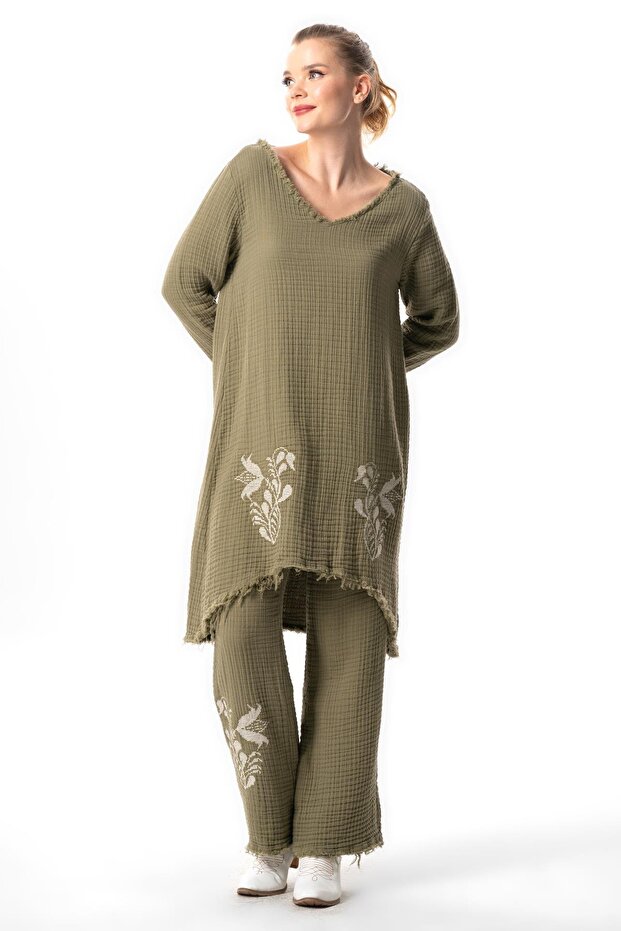 Long Sleeve Sprout V-Neck Autumn and Winter Asymmetrical Cut Embroidered Double Muslin Tunic Khaki Hk