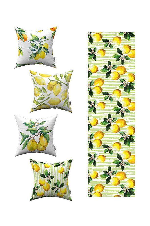 Sarı Yeşil Limon Desenli 4'lü Kırlent Kılıfı 1 Runner Seti 4kmbs92-rs-02 - 1