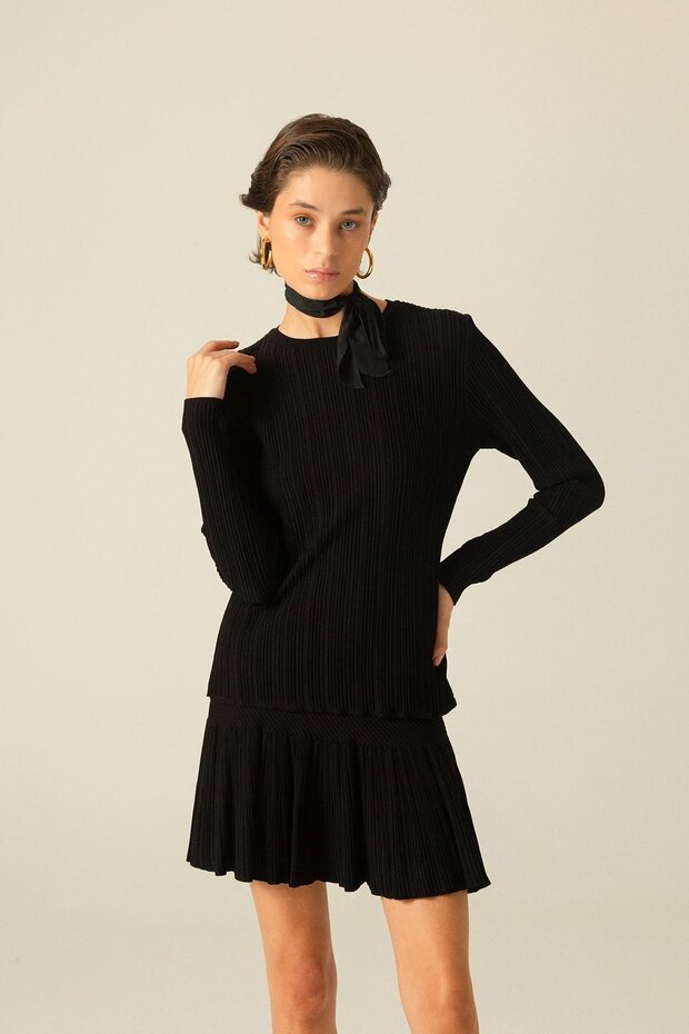 Basic Fitilli Siyah Triko Bluz - 2