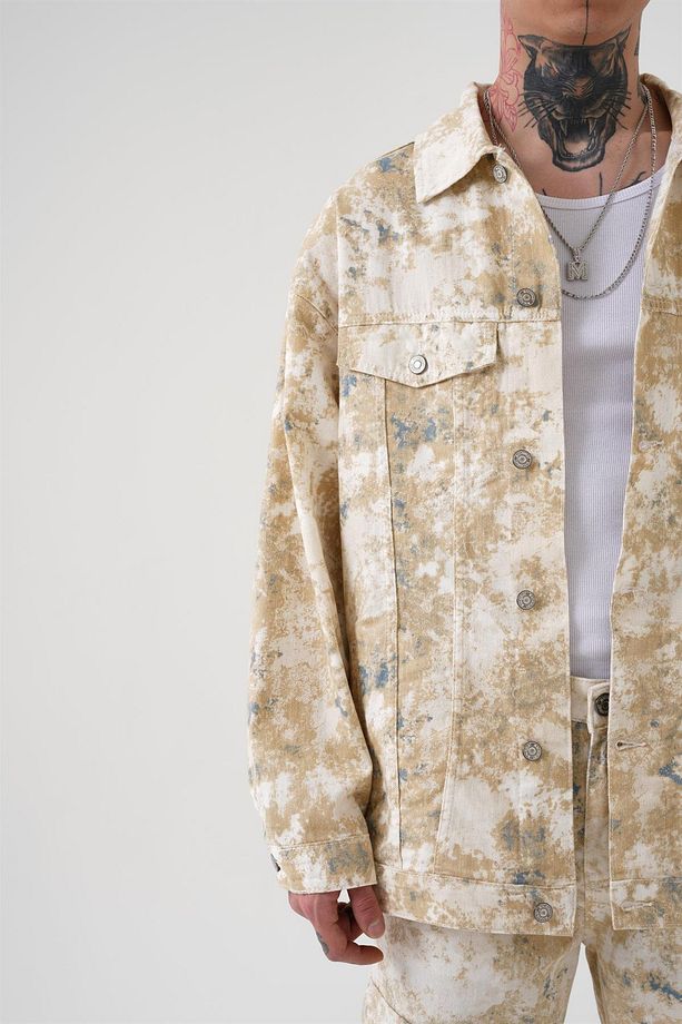 Erkek Desenli Denim Oversize Camel Kot Ceket - 4