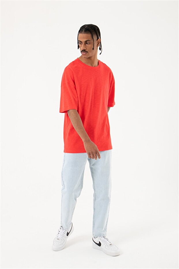 Erkek Flamlı Basic Oversize Nar Tişört - 4
