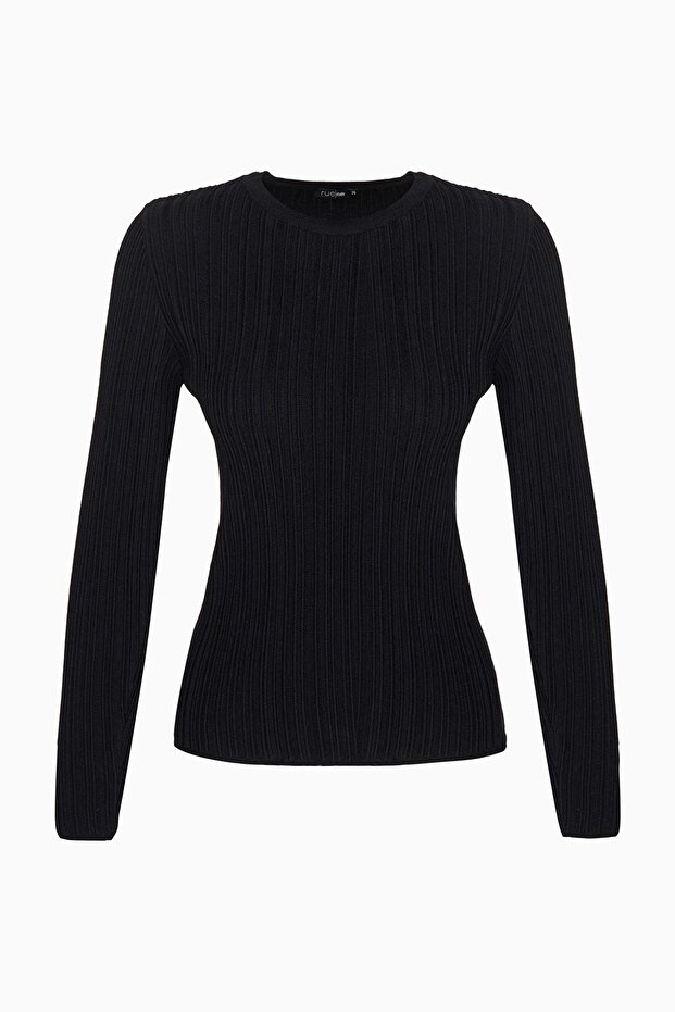 Basic Fitilli Siyah Triko Bluz - 5
