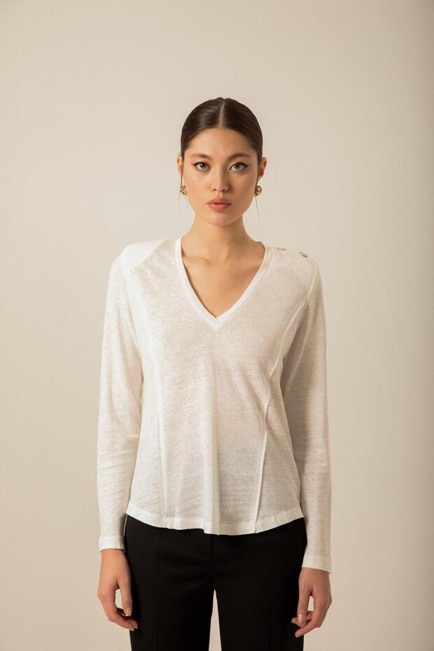 Omuz Düğmeli Örme Ekru Bluz - 1