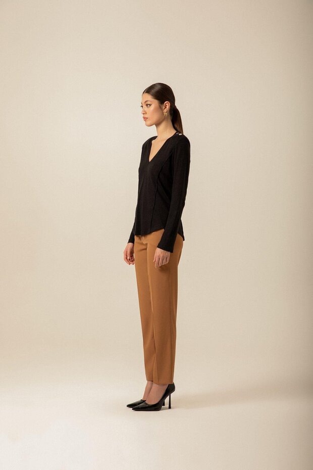 Omuz Düğmeli Örme Siyah Bluz - 3