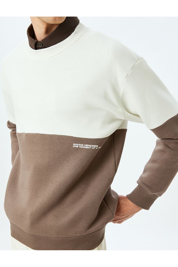 Bisiklet Yaka Pamuk Karışımlı Şardonlu Renk Bloklu Basic Minimal Baskılı Oversize Sweatshirt - 5