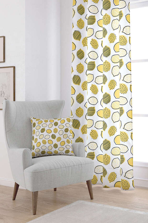 Біло-жовті штори з цифровим принтом у вигляді лимонного візерунка Oytyk908-pr - 1