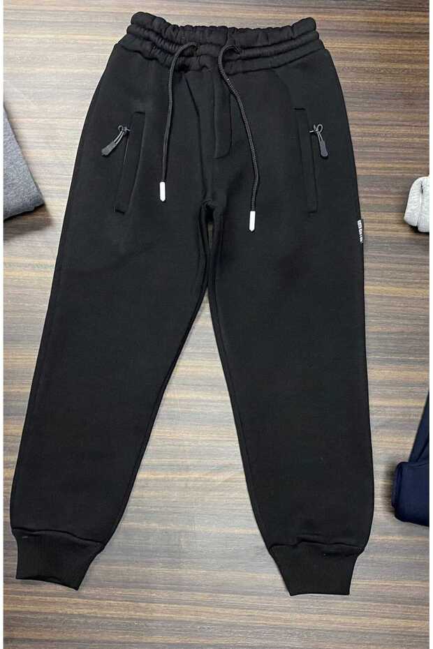 Children's Sweatpants Thick Fleece 3 Yarn Fiber Black Color with Zippered Pockets