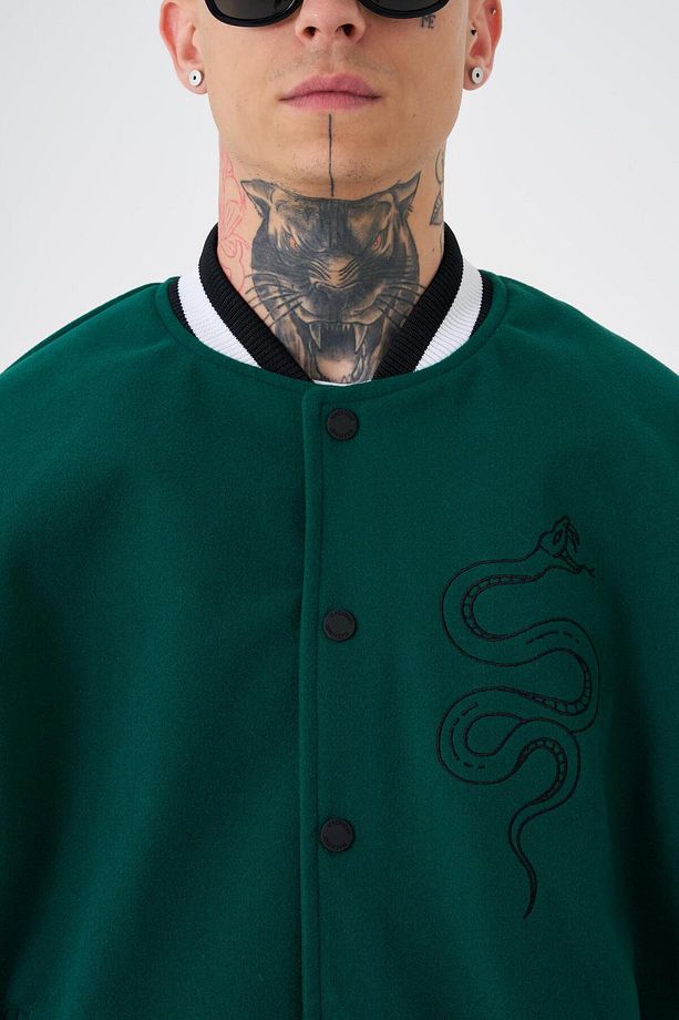 Erkek Snake Oversize Yeşil Bomber Ceket - 2