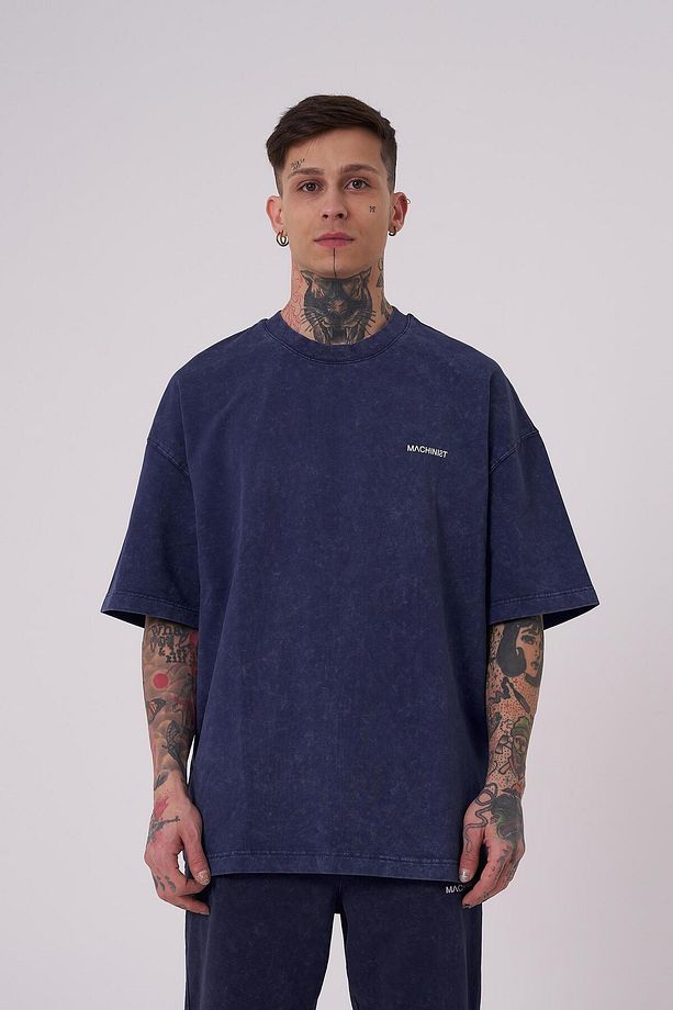 Erkek Luxury Yıkamalı Basic Oversize Lacivert Cloudy Tişört - 1