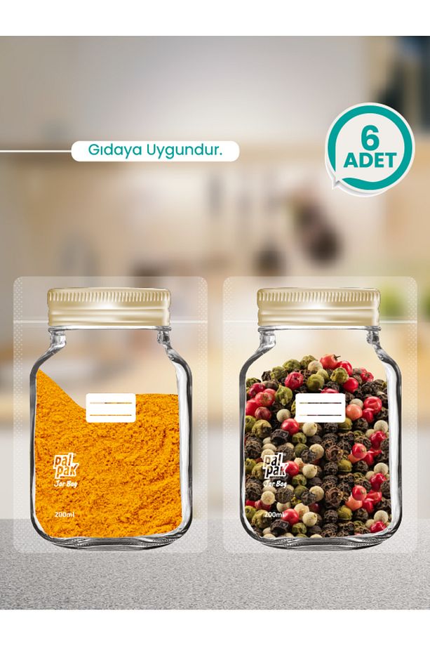 Mini Boy Altınyaldız Metal Kapaklı Kavanoz Görünümlü Saklama Poşeti-6 Adet-200 ml - 1