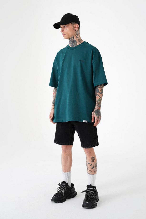Erkek Solid Basic Pamuklu Oversize Koyu Yeşil Tişört - 3