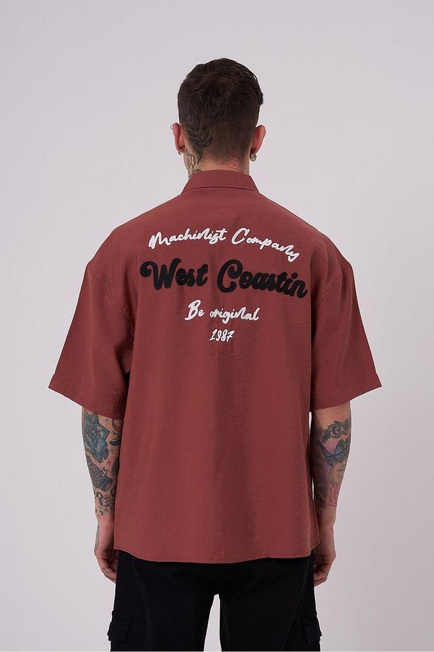 Erkek Nakışlı Basic Oversize Mürdüm Gömlek - 2
