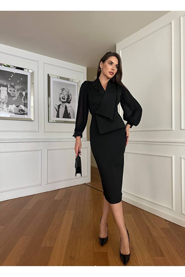 Kadın Siyah İthal Kumaş Şık Drape Detaylı Piliseli Kol Tasarımlı Midi Boy Elbise - 6