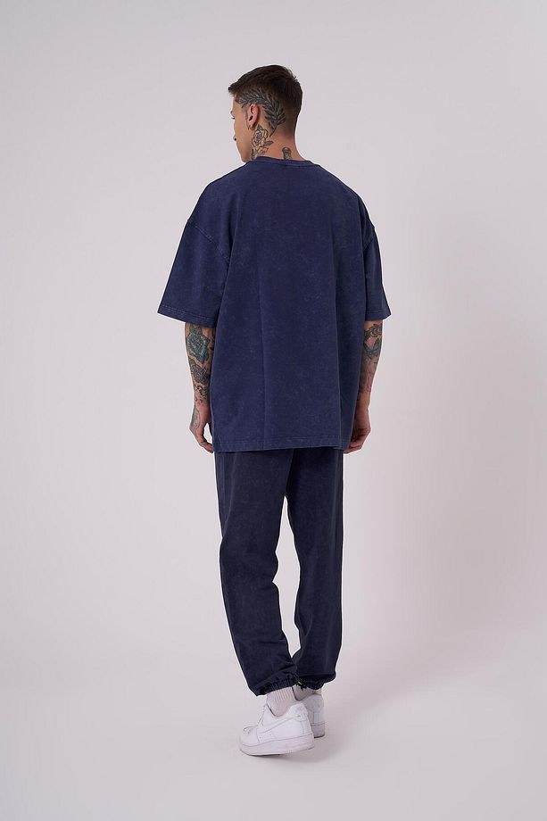 Erkek Luxury Yıkamalı Basic Oversize Lacivert Cloudy Tişört - 4