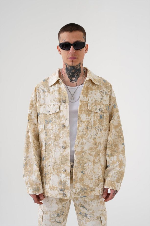 Erkek Desenli Denim Oversize Camel Kot Ceket - 2