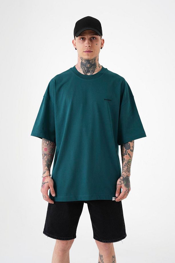 Erkek Solid Basic Pamuklu Oversize Koyu Yeşil Tişört - 1