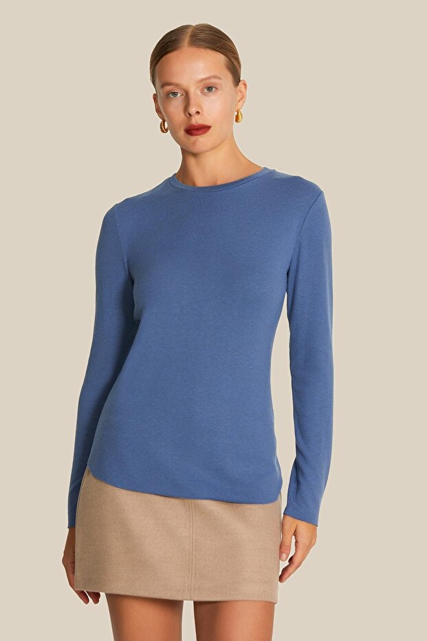 Uzun Kollu Basic İndigo Bluz - 1