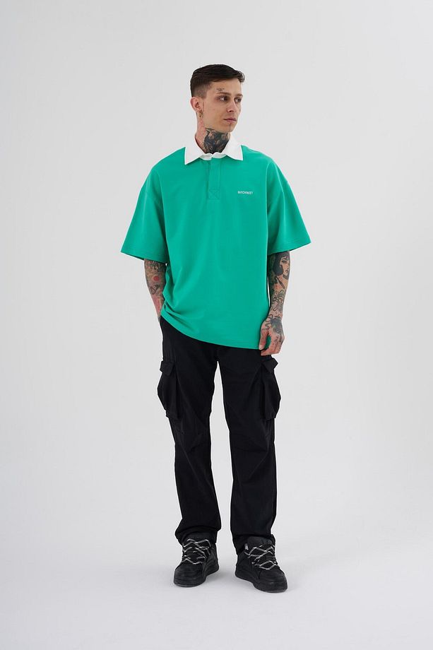 Erkek Basic Oversize Yeşil Ekru Polo Yaka Tişört - 4