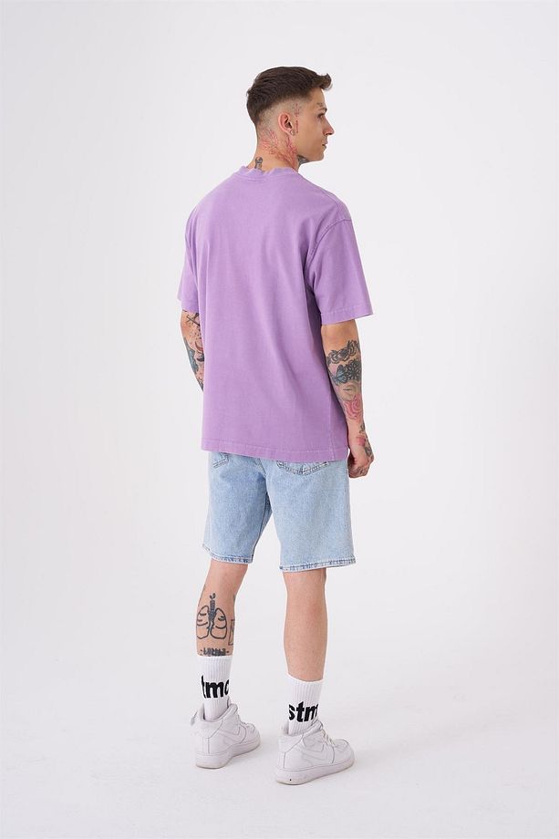 Erkek Basic Yıkamalı Relaxed Lila Tişört - 4