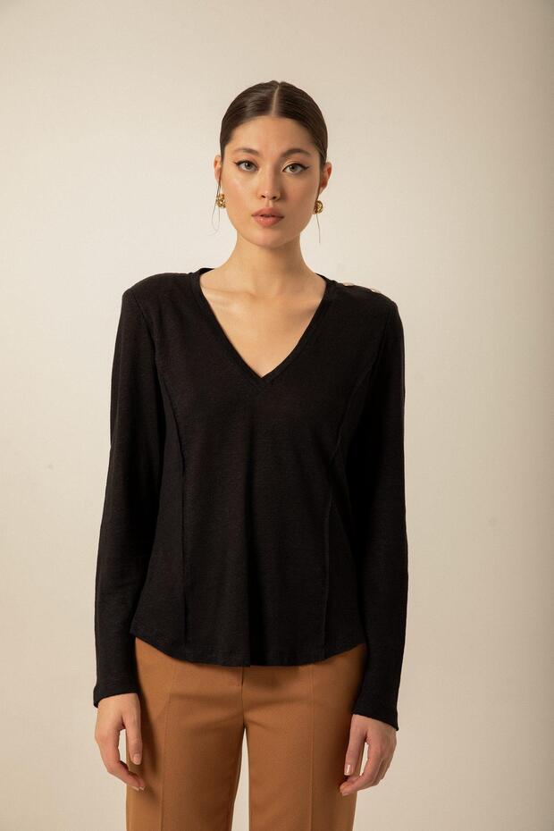 Omuz Düğmeli Örme Siyah Bluz - 1