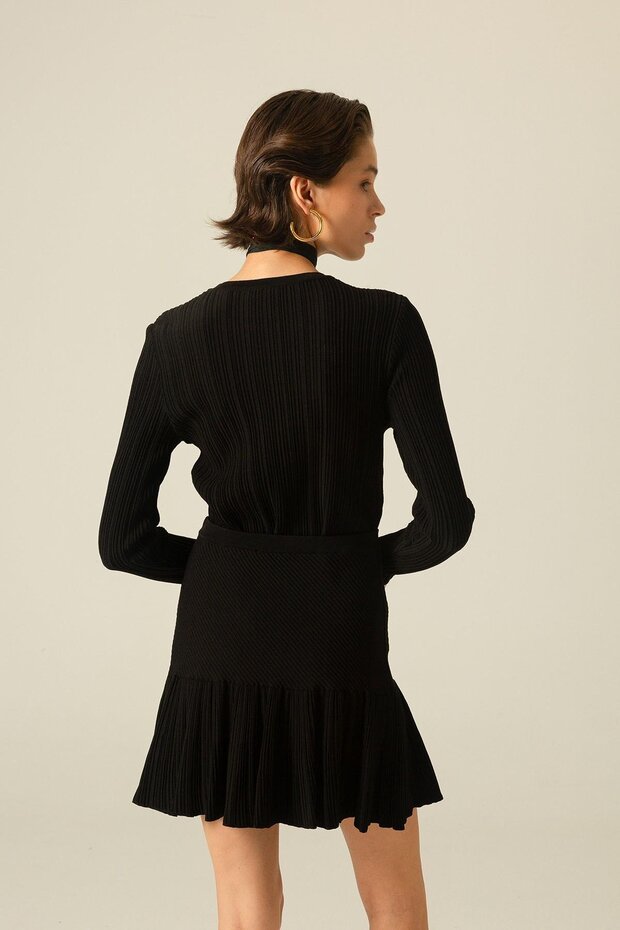 Basic Fitilli Siyah Triko Bluz - 3